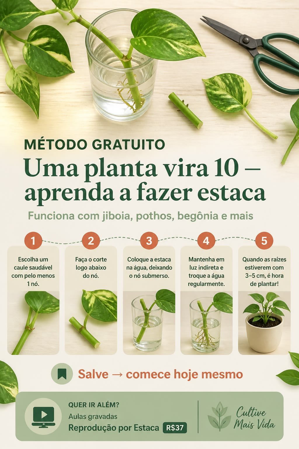 Infográfico com os cinco passos para fazer muda por estaca na água, do corte abaixo do nó até o plantio da estaca enraizada