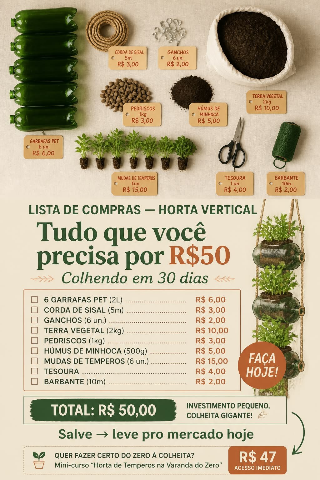 Materiais para horta vertical dispostos sobre uma mesa, como garrafas PET, corda de sisal, ganchos, terra vegetal, húmus, mudas de temperos e tesoura, com garrafas penduradas com temperos ao lado
