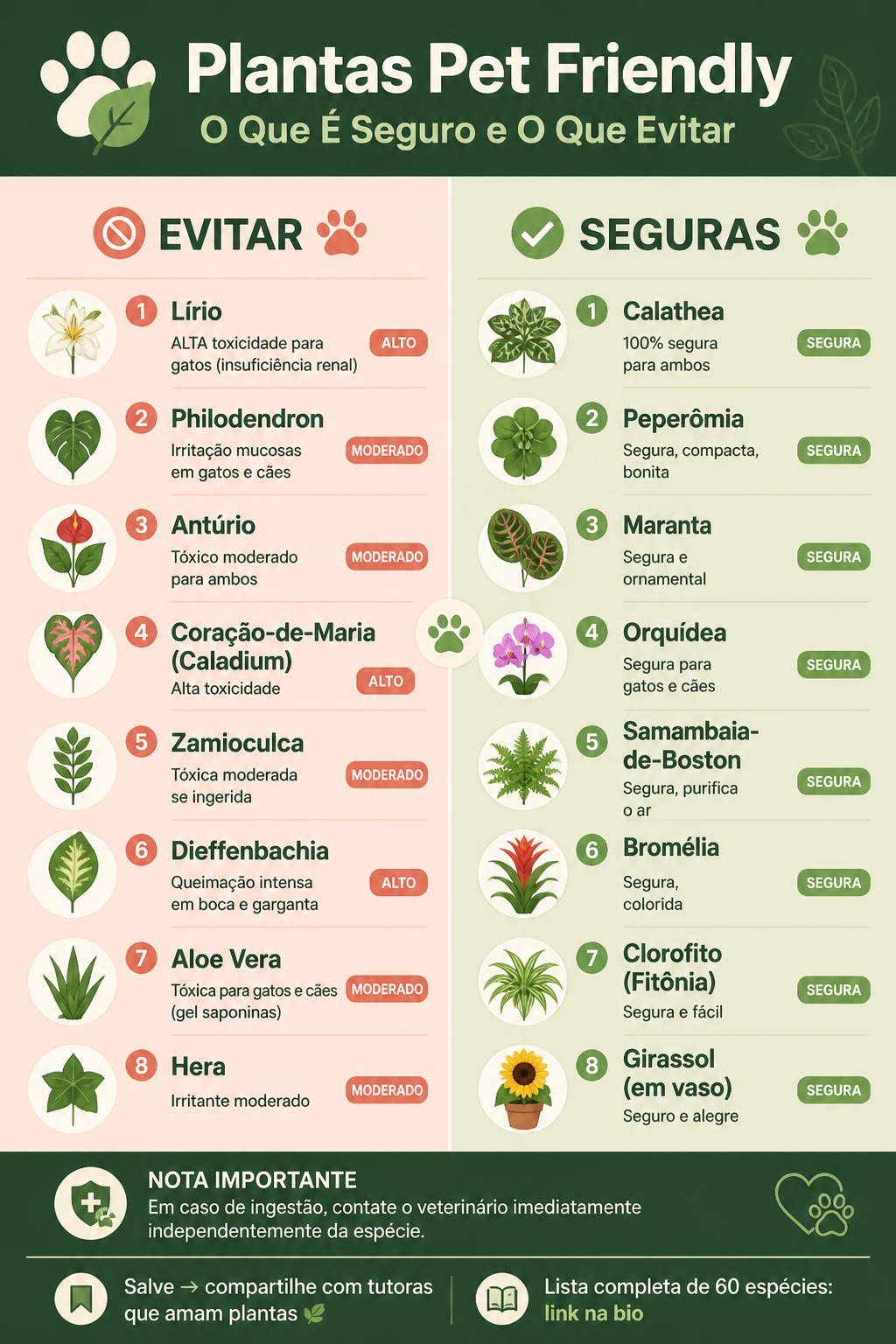 Infográfico dividido em plantas a evitar, como lírio, antúrio e dieffenbachia, e plantas seguras para pets, como calathea, peperômia, maranta e orquídea