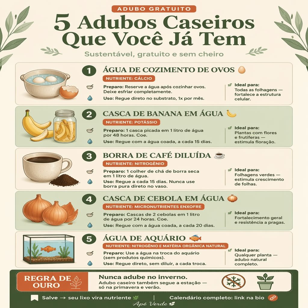 Infográfico com cinco adubos caseiros feitos com sobras de cozinha, como água de cozimento de ovos, casca de banana, borra de café, casca de cebola e água de aquário