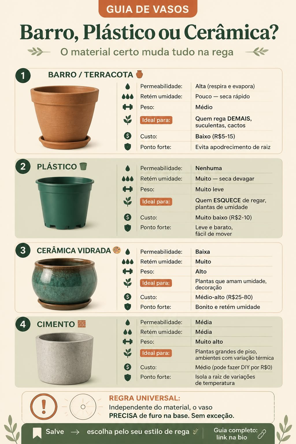 Infográfico comparando vasos de barro, plástico e cerâmica e indicando qual material combina com cada perfil de pessoa que cuida de plantas