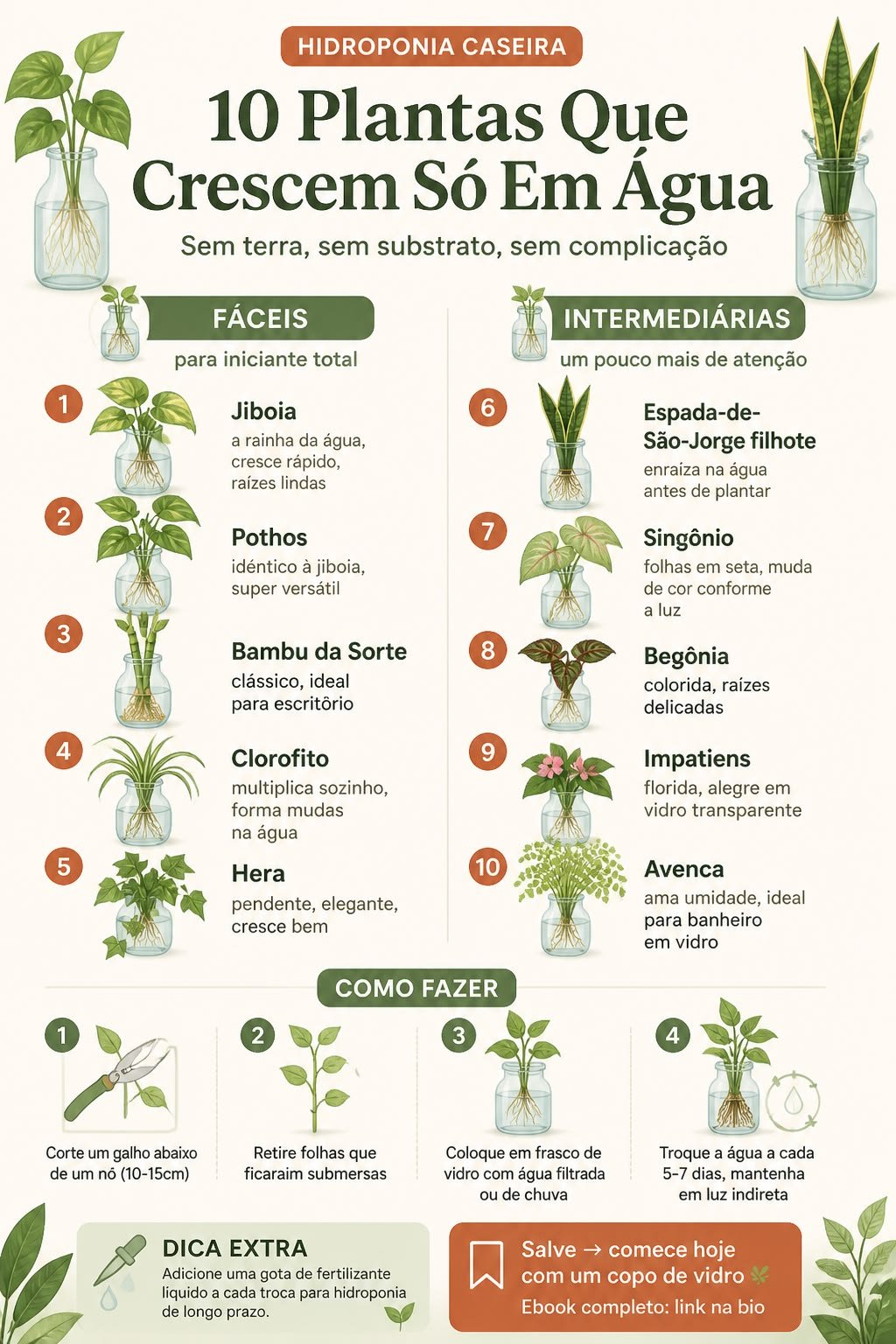 Infográfico com dez plantas enraizadas em frascos de vidro com água, divididas entre fáceis e intermediárias, e quatro passos de como fazer
