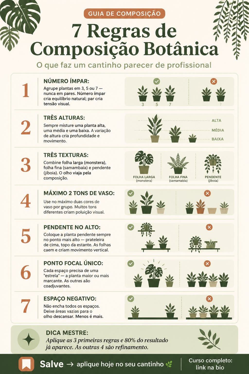 Infográfico com sete regras de composição de plantas, como número ímpar, três alturas, três texturas, dois tons de vaso, pendente no alto, ponto focal e espaço vazio