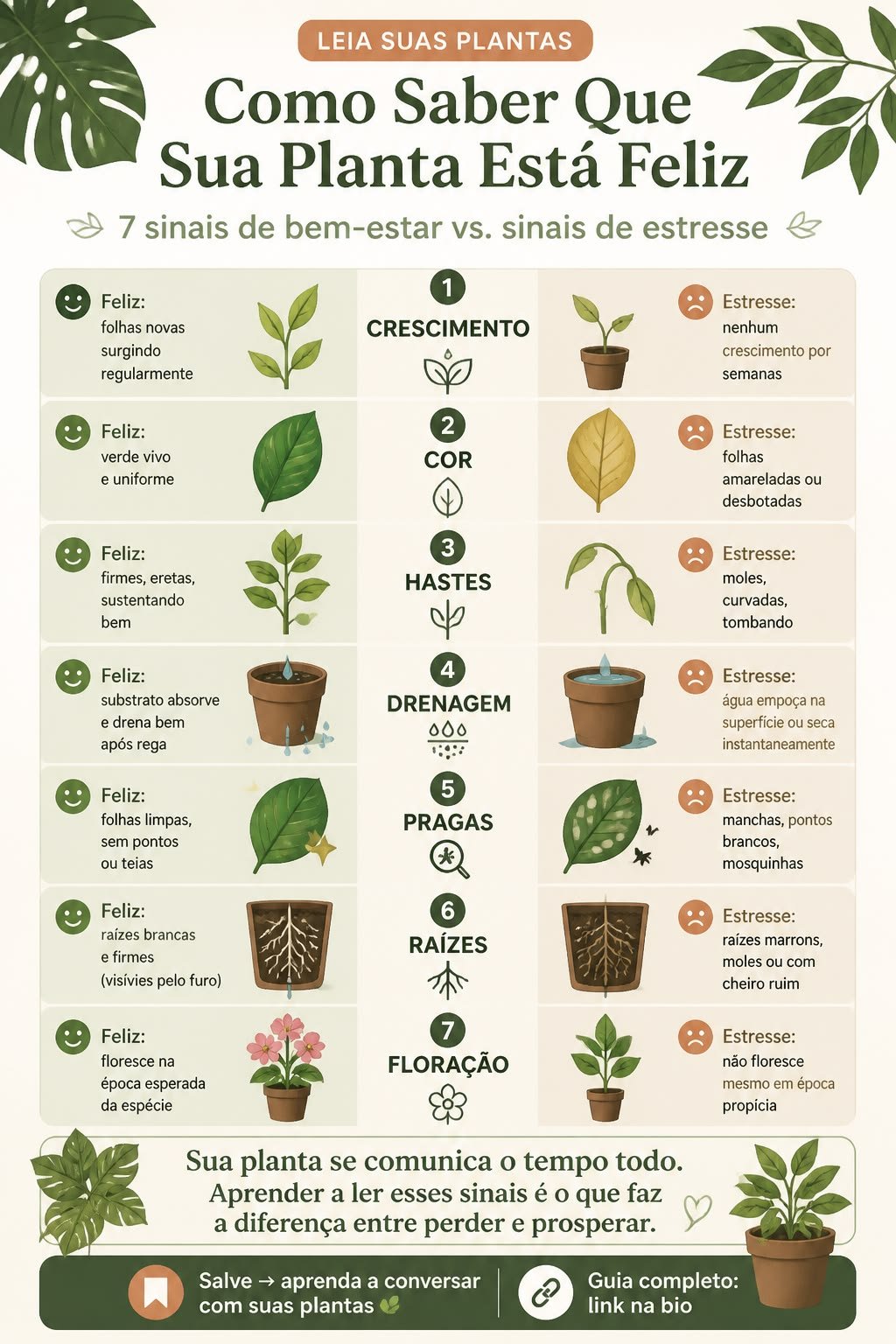Infográfico com 7 sinais de planta saudável comparados a sinais de estresse, como crescimento, cor, hastes, drenagem, pragas, raízes e floração
