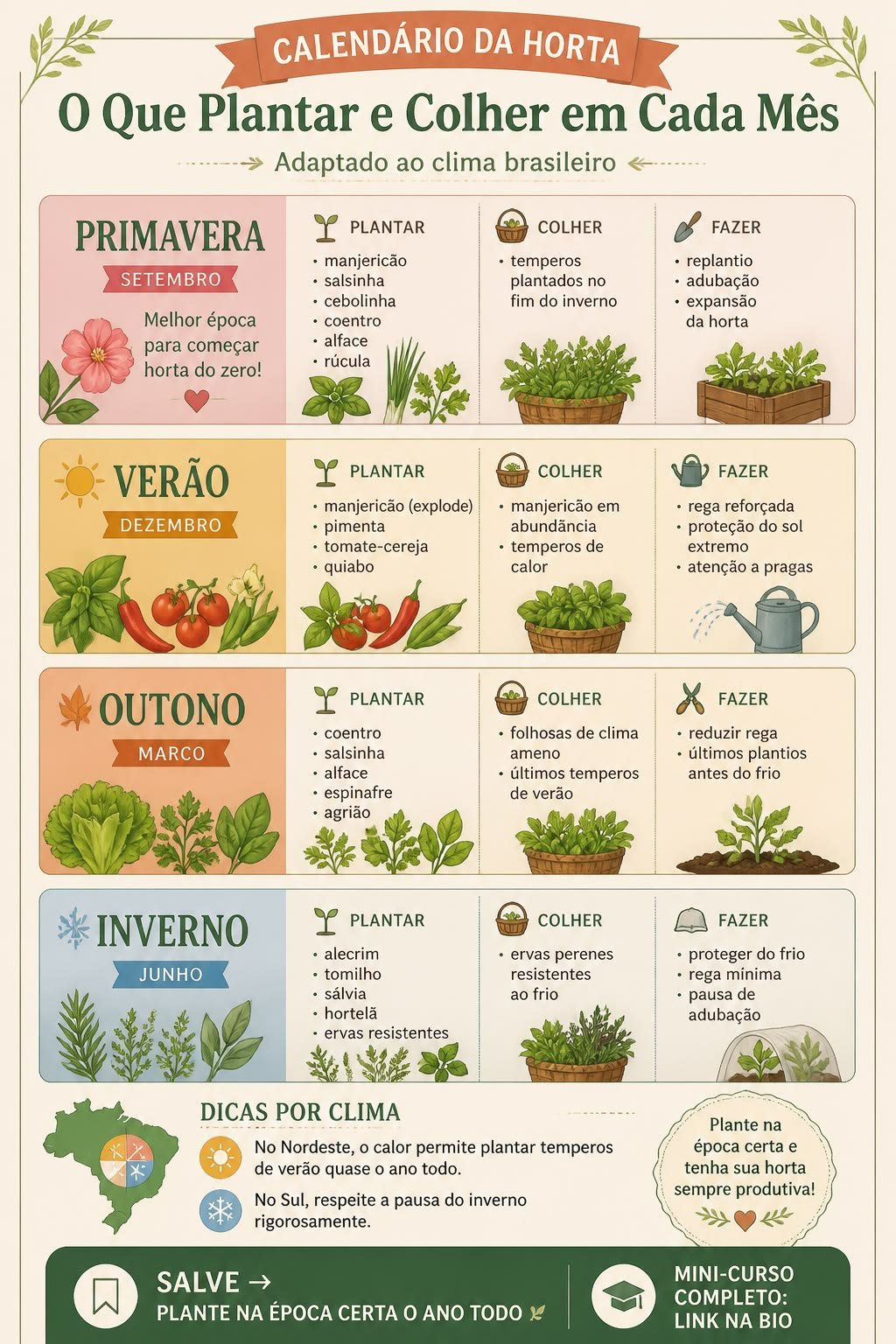 Infográfico do calendário da horta com as quatro estações, o que plantar, colher e fazer em cada uma, e um mapa do Brasil com dicas por clima
